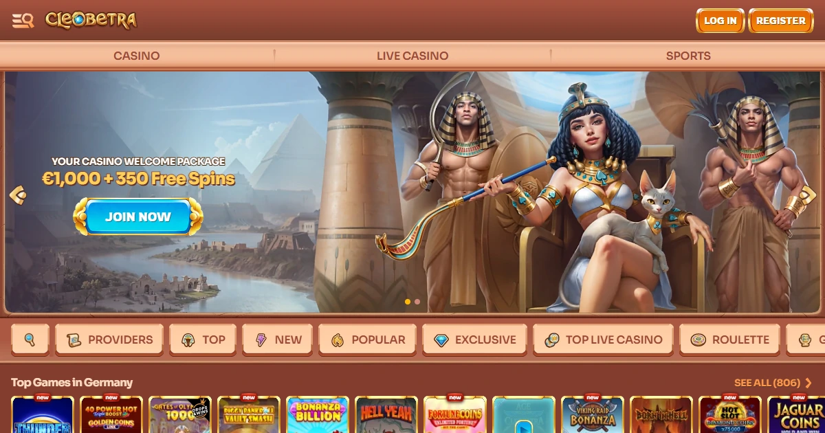 Current Cleobetra homepage showing casino and sportsbook navigation