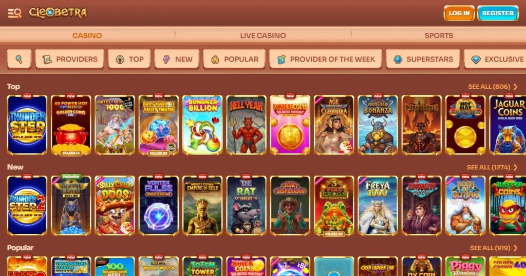Cleobetra casino lobby showing current game categories and provider navigation