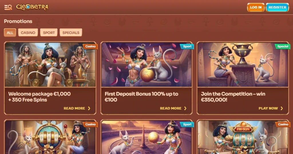 Current Cleobetra promotions page showing the casino welcome package and promotion categories