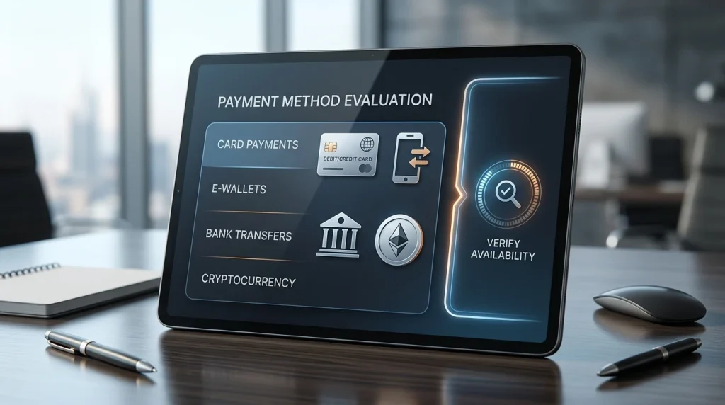 Editorial illustration comparing cards, e-wallets, bank transfers and crypto with a separate UK verification layer