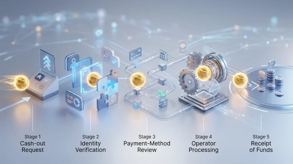 Editorial illustration of a withdrawal process from request through verification and receipt