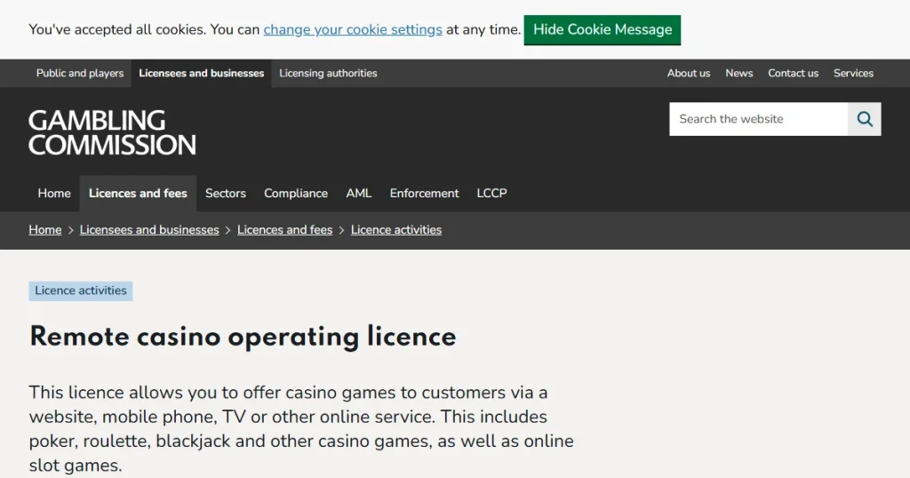 UK Gambling Commission guidance for remote casino operating licences